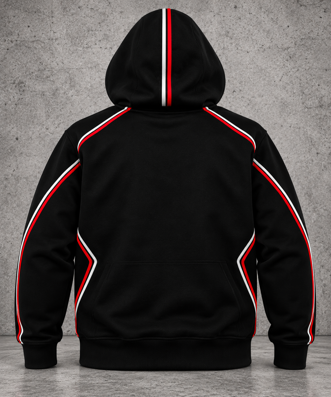 Audi RS hoodie back view — black hoodie with red and white racing piping, plain back, hood raised, grey concrete background