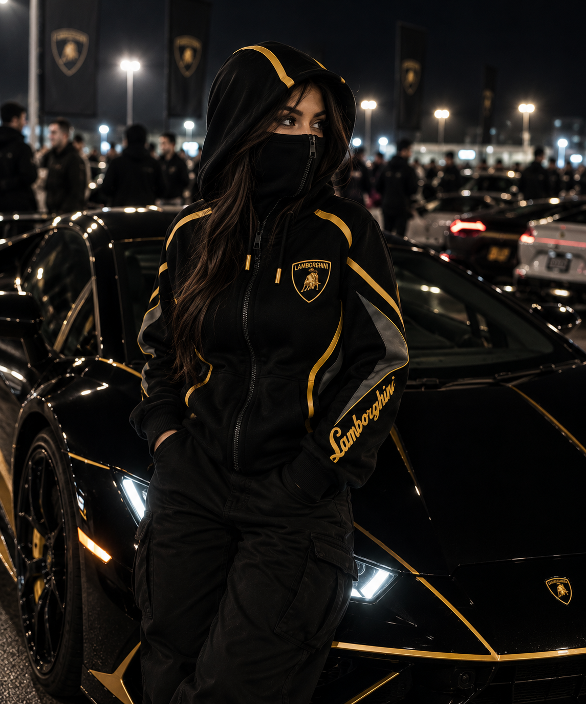 REVLINE Lamborghini female lifestyle nighttime car meet, black and gold zip-up balaclava hoodie with gold shield chest and Lamborghini sleeve script