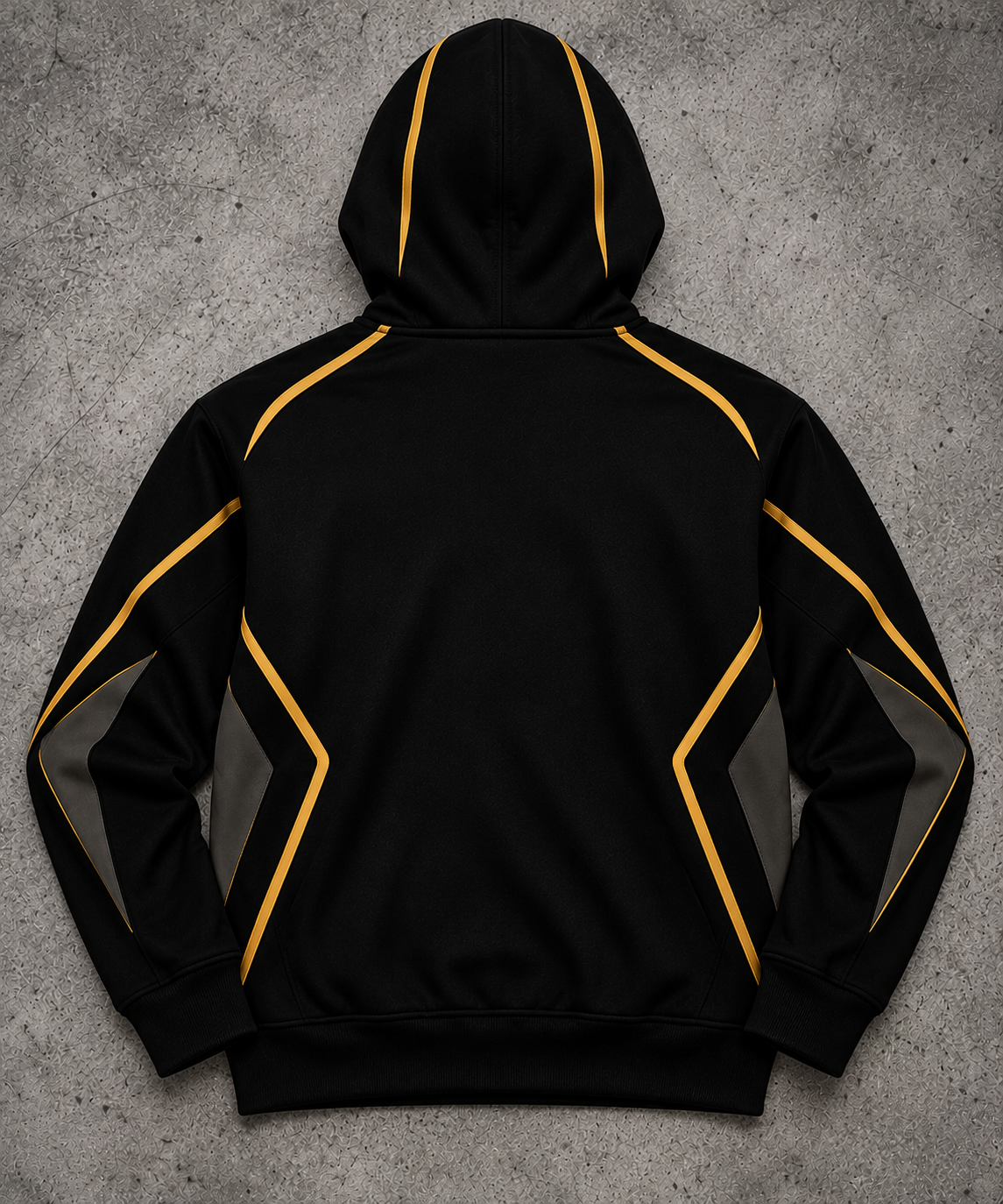 REVLINE Lamborghini black and gold hoodie back view, plain back with gold piping on grey concrete