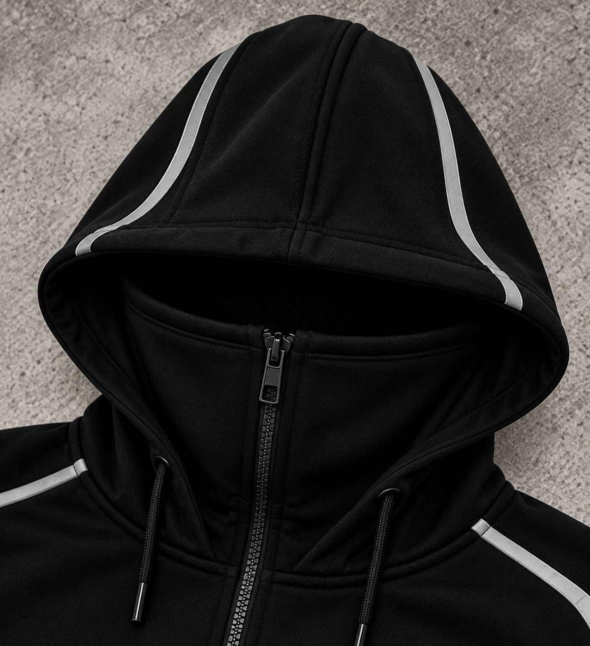 Mercedes AMG hoodie hood and integrated zip-up balaclava close-up, black with silver piping, no hood logo