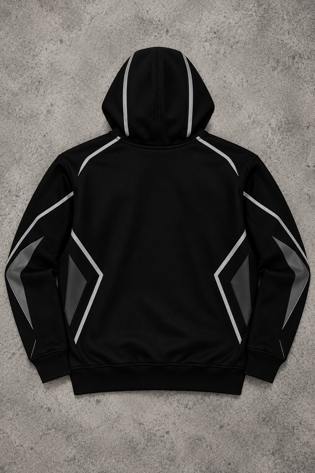 Mercedes AMG hoodie back view, black with silver piping, no logos on hood or back