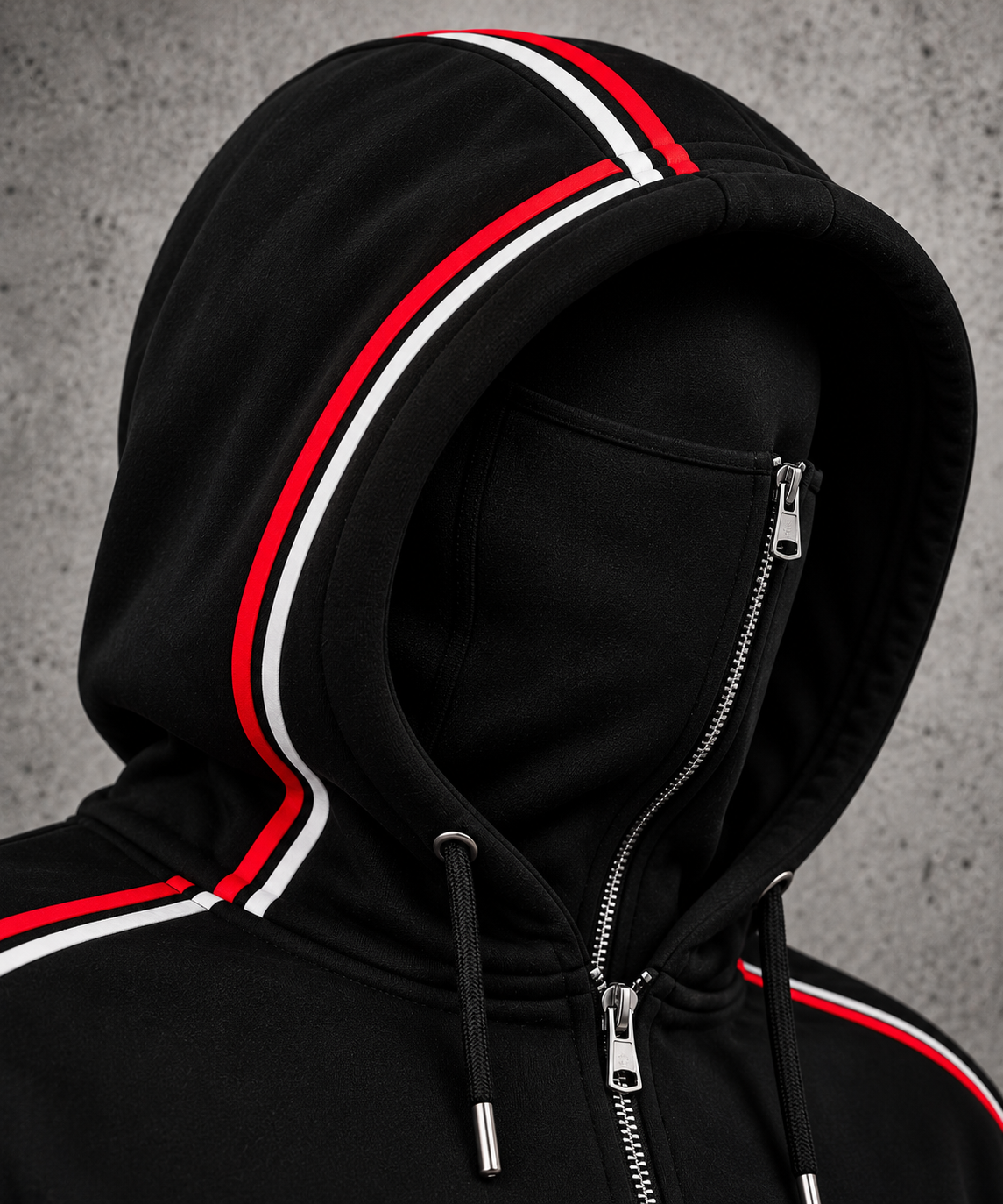 Audi RS hoodie hood close-up — black integrated balaclava, single central zipper, red and white piping, grey concrete background