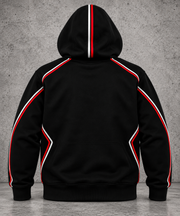 Audi RS hoodie back view — black hoodie with red and white racing piping, plain back, hood raised, grey concrete background