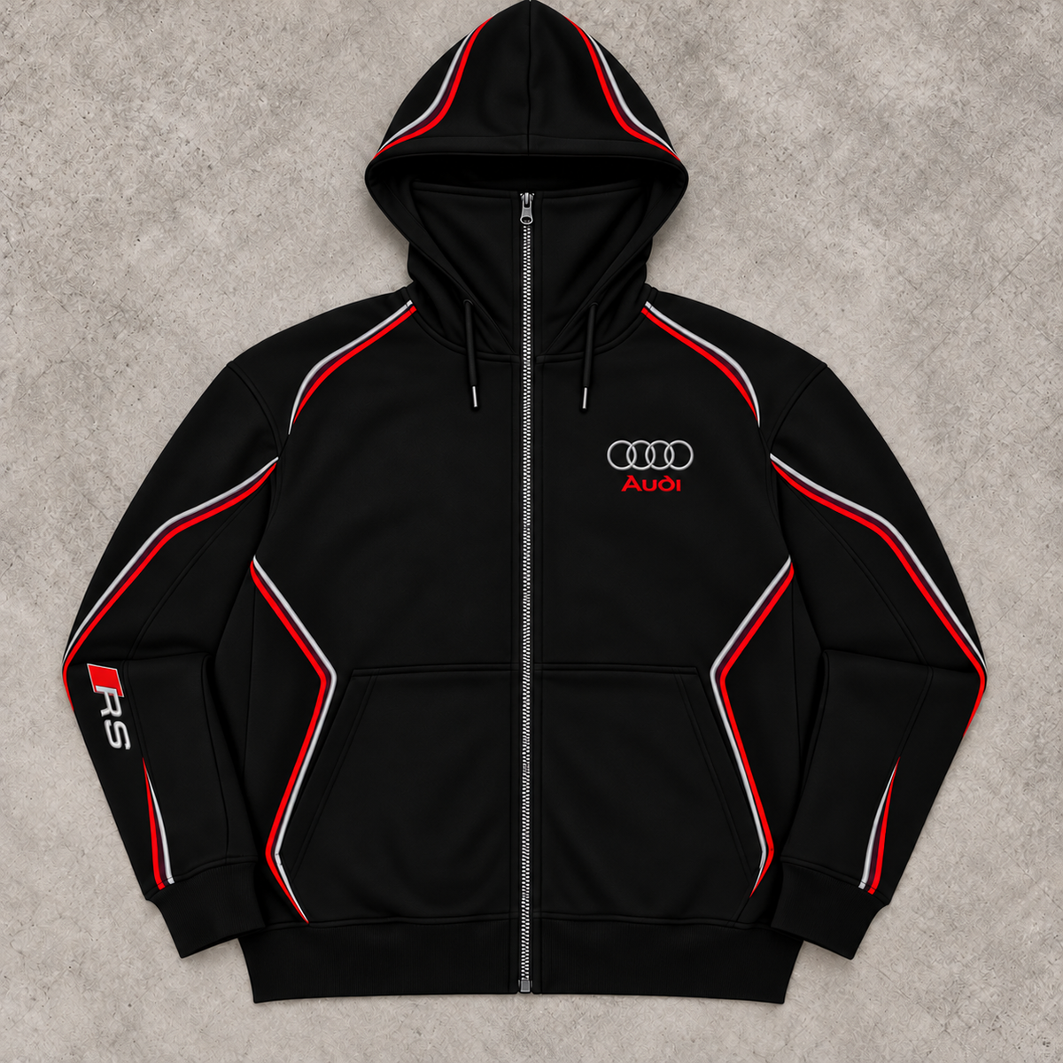 Audi RS hoodie front view — silver Audi rings and red Audi chest logo, RS sleeve branding, red and white piping