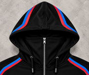 BMW design hoodie hood and integrated balaclava close-up