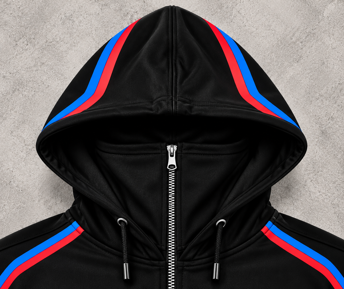 BMW design hoodie hood and integrated balaclava close-up