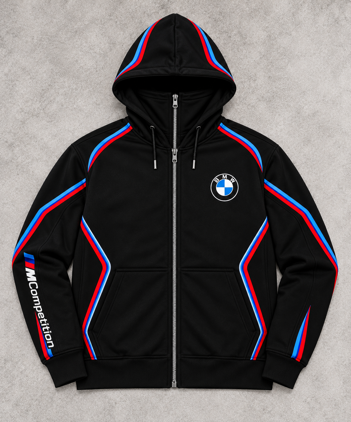 BMW design hoodie front view, BMW roundel chest and MCompetition sleeve on grey concrete background