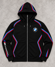 BMW design hoodie front view, BMW roundel chest and MCompetition sleeve on grey concrete background