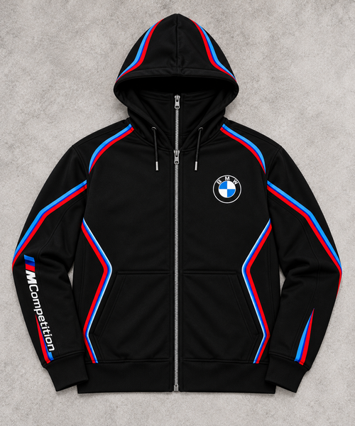 BMW design hoodie front view, BMW roundel chest and MCompetition sleeve on grey concrete background