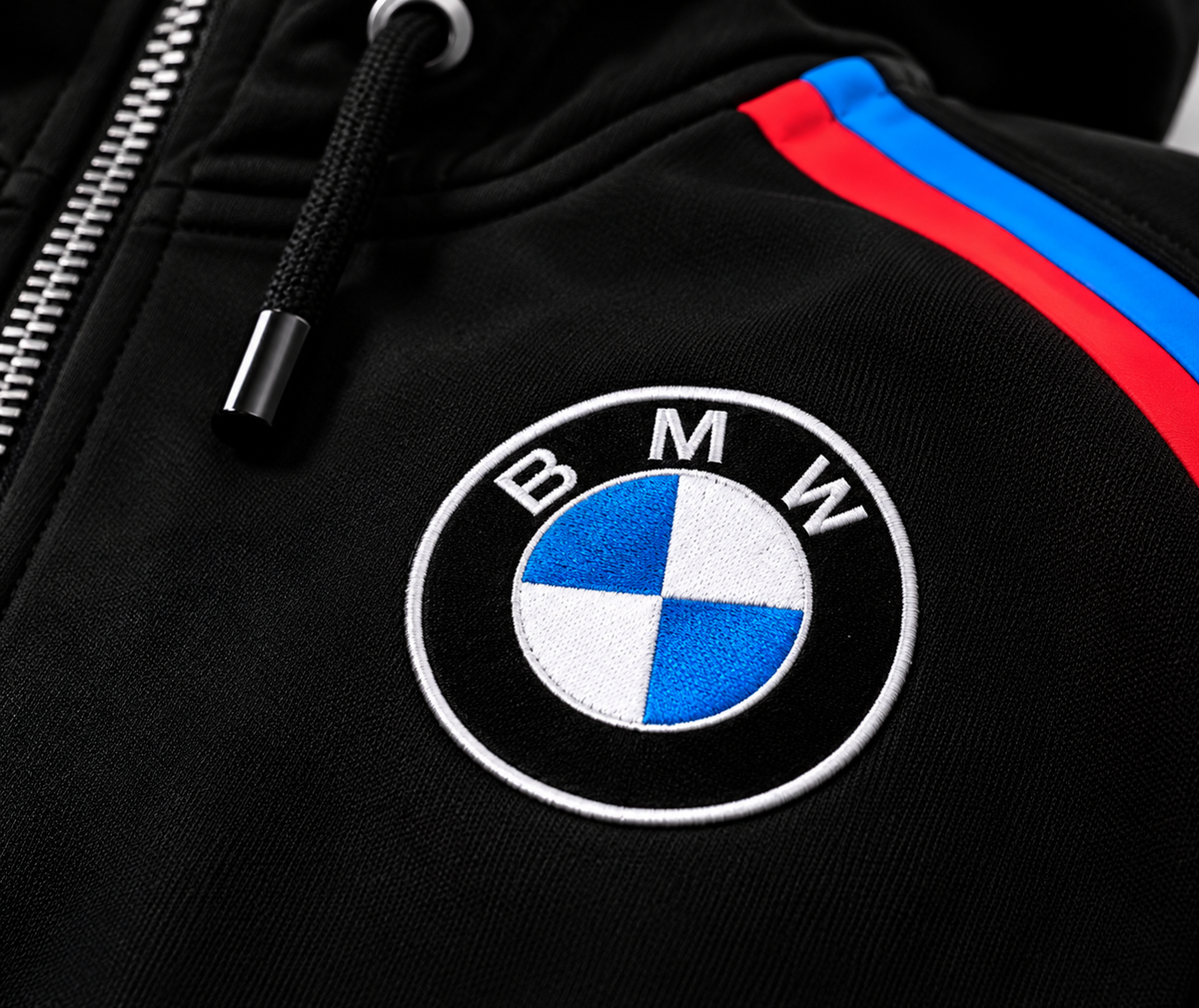 BMW design hoodie logo detail close-up