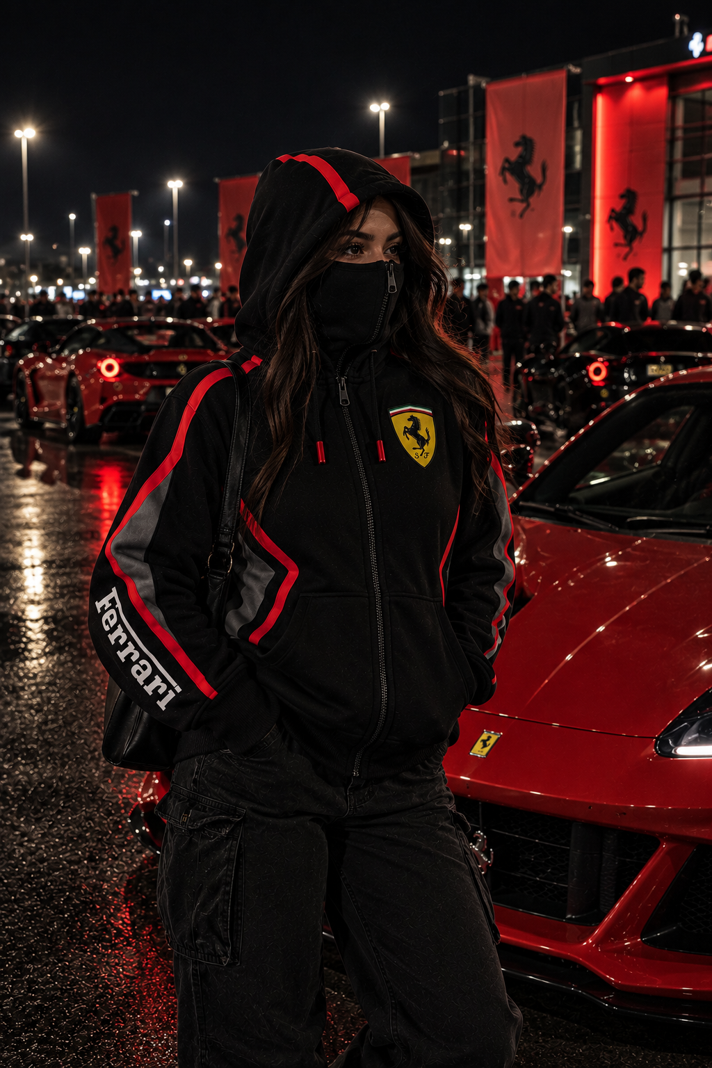 REVLINE Ferrari hoodie female lifestyle nighttime Ferrari car meet black and red zip-up balaclava, yellow chest shield and white right sleeve Ferrari lettering