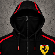 REVLINE Ferrari black red hoodie hood close-up integrated balaclava single zipper concrete background