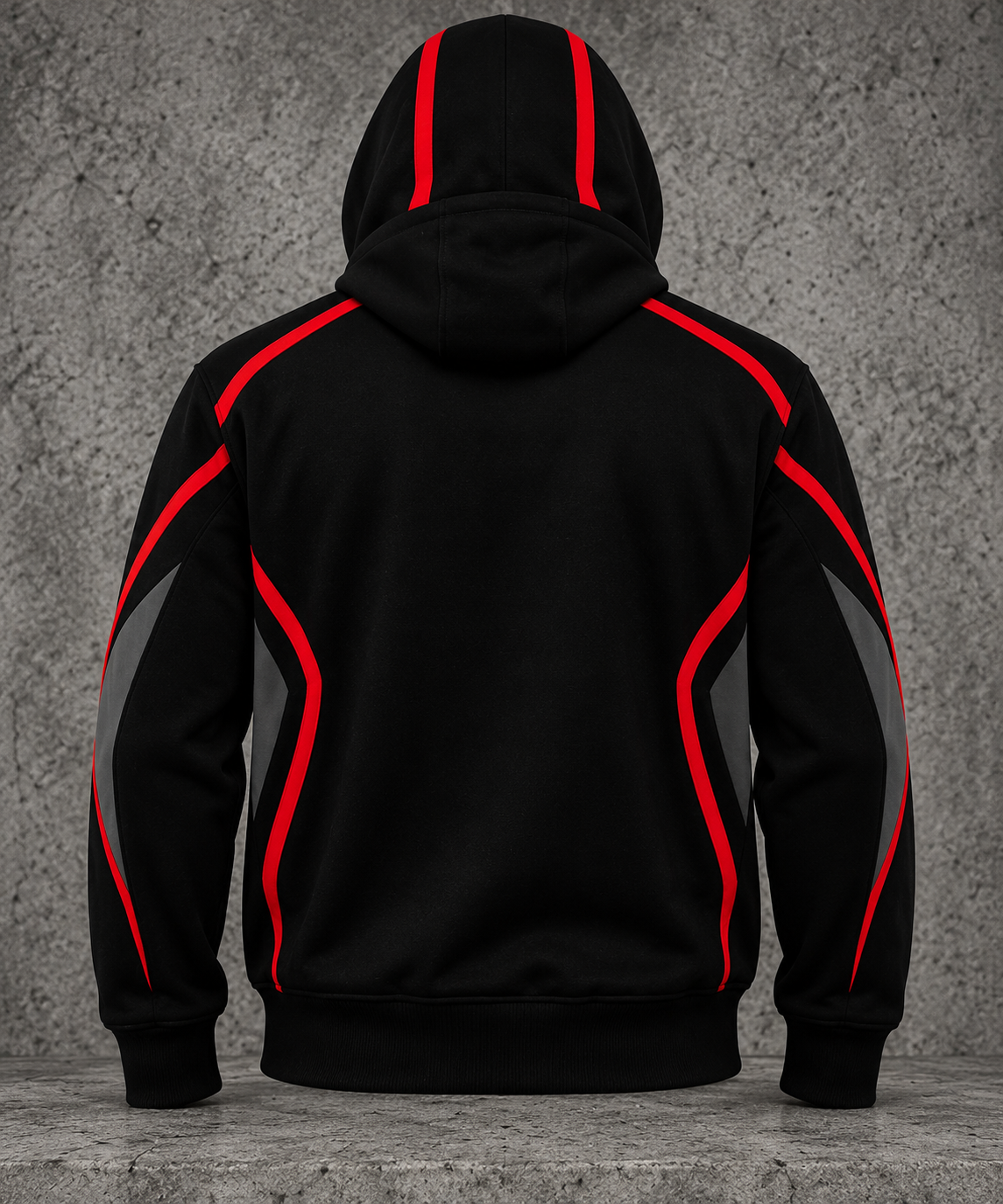 REVLINE Ferrari hoodie back view black with red piping and charcoal panels on grey concrete, plain back no logo