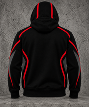 REVLINE Ferrari hoodie back view black with red piping and charcoal panels on grey concrete, plain back no logo