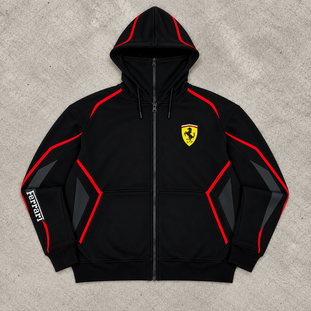 REVLINE Ferrari black and red zip hoodie on grey concrete background