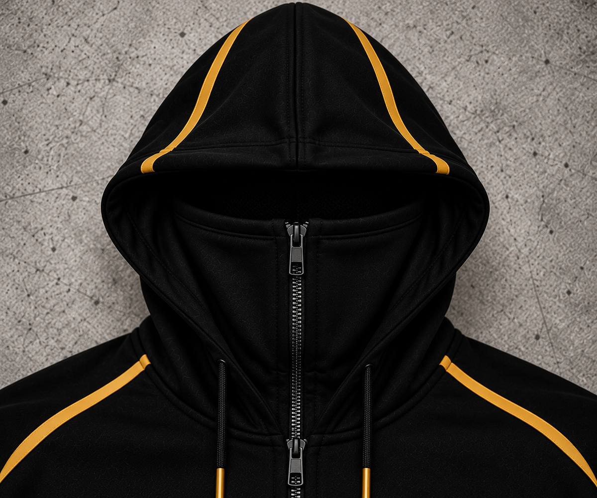 REVLINE Lamborghini hoodie integrated zip-up balaclava hood close-up, black with gold piping, no hood logo, grey concrete background