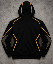 REVLINE Lamborghini black and gold hoodie back view, plain back with gold piping on grey concrete