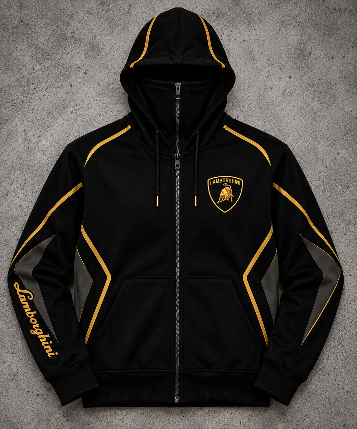 REVLINE Lamborghini black and gold balaclava zip hoodie front view on grey concrete background