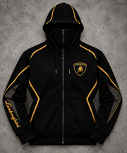 REVLINE Lamborghini black and gold balaclava zip hoodie front view on grey concrete background