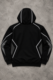Mercedes AMG hoodie back view, black with silver piping, no logos on hood or back